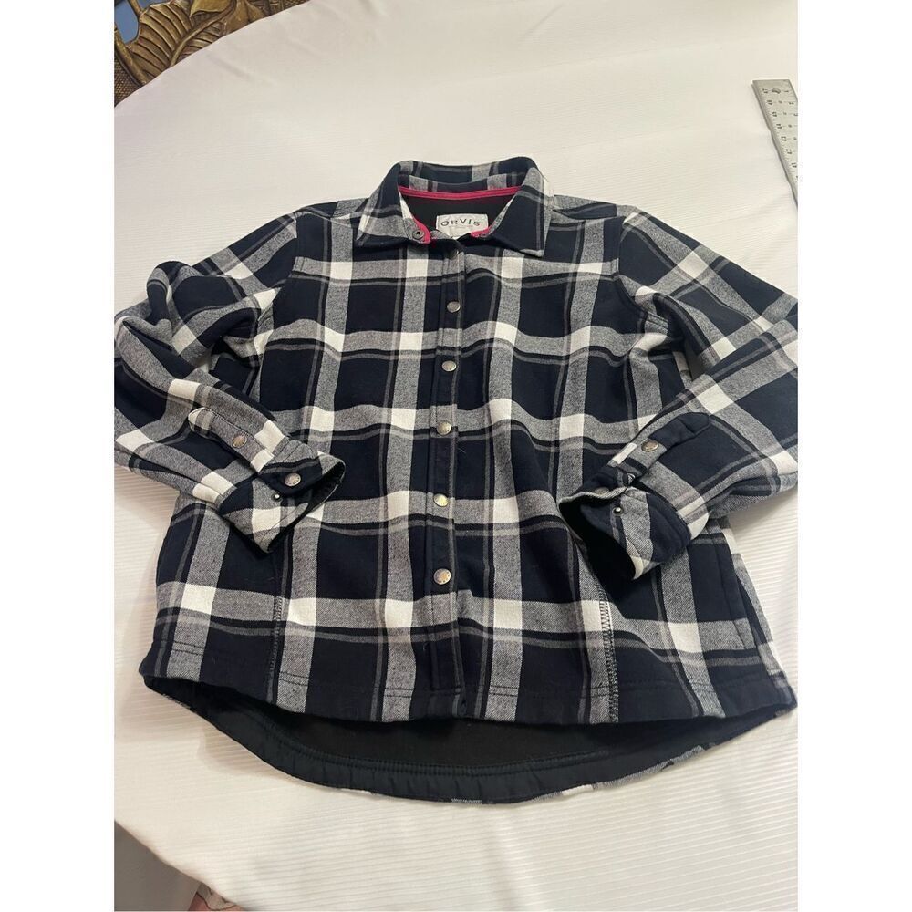 ORVIS Womens Flannel Fleece Lined Snap Shirt Jacket Shacket Black Plaid Large